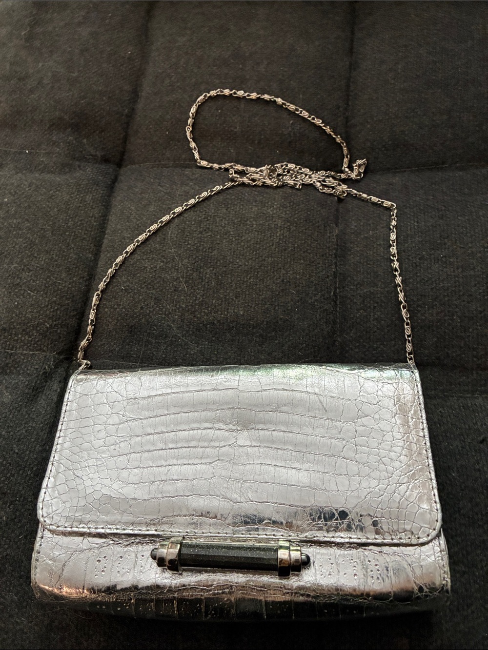 Metallic Silver Croc-Embossed Chain Shoulder Bag,  vintage Judith Lieber